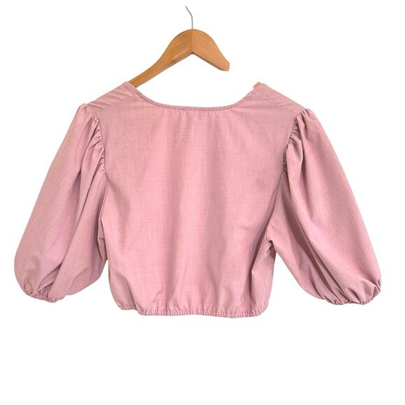 Ganni Drapey Cropped Zipper Blouse Top Puff Sleeve Sz 42 US Large Pink FLAW - Picture 5 of 7